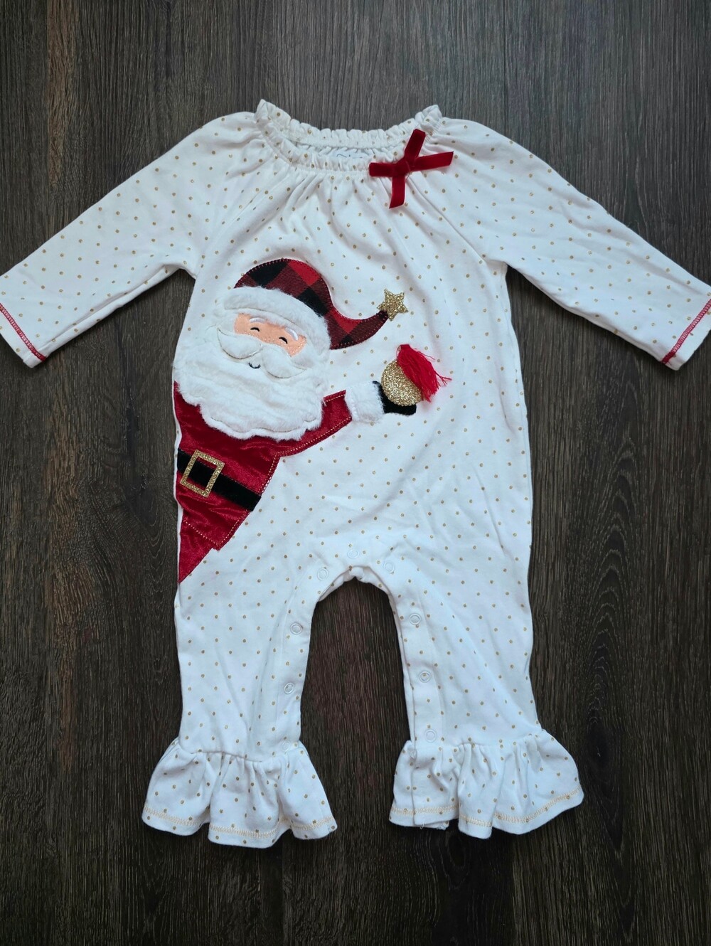 Mud Pie Christmas Santa Alpine Village ruffle one-piece baby outfit